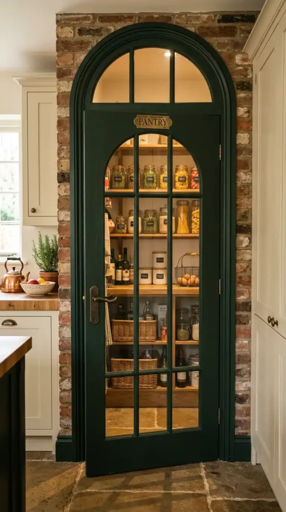dark-green-arched-glass-pantry-door